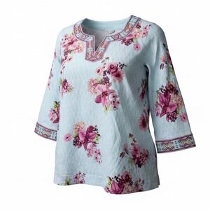 John Mark‎ Womens Size 1X Blue Floral Beaded  V-Neck Linen Blend Tunic NWT